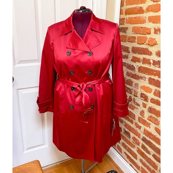 NWT Anne Klein Garnet Red Stretch Satin Double Breasted Trench Coat
